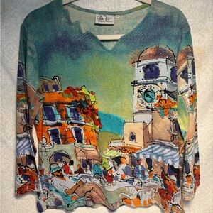 Michael Leu Art Top Size L Colorful Village Scene Lightweight Knit